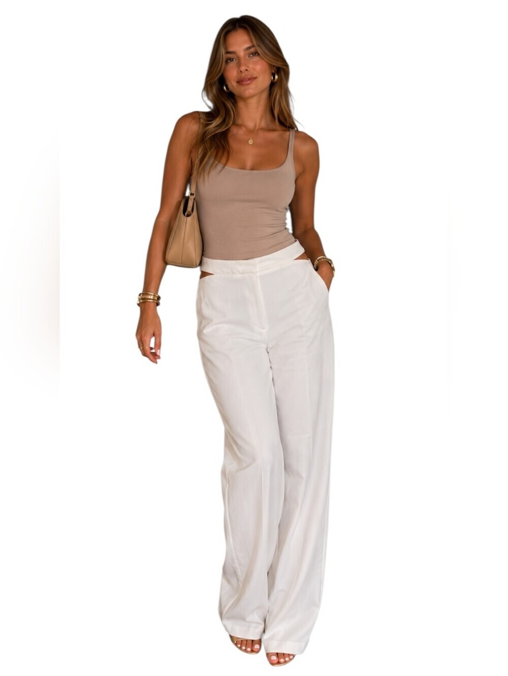 Zara White Cutout Waist Wide Leg Trousers Size US S